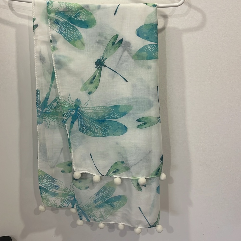 Dragonfly Print Scarf with Pom Pom Trim